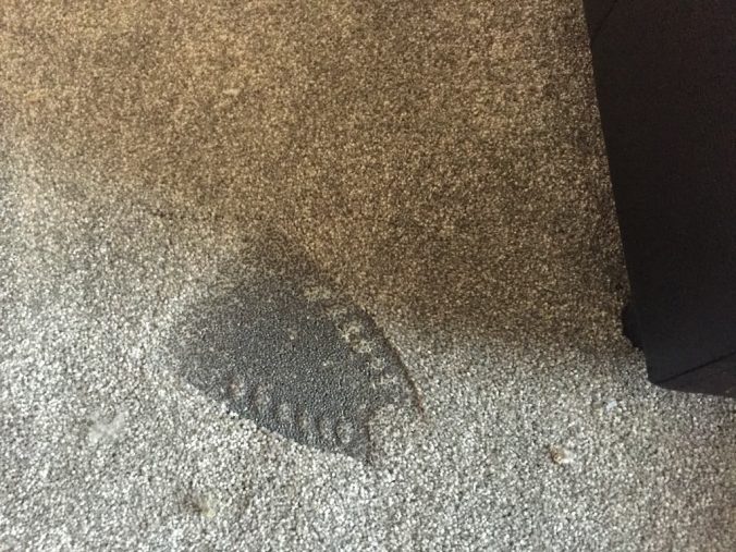 Before and after example of a ‘cut and plug’ repair to a carpet with steam iron damage.